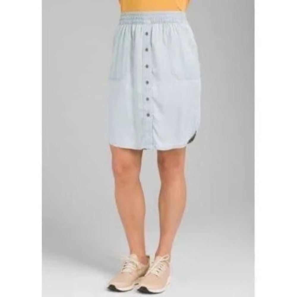 Women's prAna Shelly Skirt Size Small Blue Elastic Waist Button Front Pockets